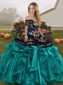 Teal Lace Up Off The Shoulder Embroidery and Ruffles Quinceanera Gowns Organza Sleeveless