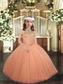 Floor Length Peach Pageant Dresses Halter Top Sleeveless Lace Up