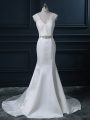 Stunning White V-neck Backless Beading and Lace Wedding Dresses Brush Train Sleeveless