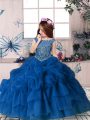 Blue Organza Zipper Child Pageant Dress Sleeveless Floor Length Beading and Pick Ups