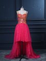 Enchanting Sleeveless Tulle High Low Zipper Prom Party Dress in Hot Pink with Beading and Lace and Sequins