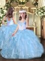 Perfect Beading and Ruffles Pageant Dress for Girls Baby Blue Lace Up Sleeveless Floor Length