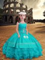 Stunning Floor Length Zipper Kids Formal Wear Aqua Blue for Wedding Party with Embroidery and Ruffled Layers