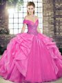 Rose Pink Ball Gowns Organza Off The Shoulder Sleeveless Beading and Ruffles Floor Length Lace Up Ball Gown Prom Dress