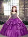 Purple Taffeta Lace Up Straps Sleeveless Floor Length Little Girl Pageant Dress Beading