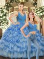 Sweet Ruffles Sweet 16 Dresses Blue Backless Sleeveless Floor Length