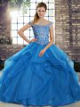 Blue Sweet 16 Dress Military Ball and Sweet 16 and Quinceanera with Beading and Ruffles Off The Shoulder Sleeveless Brush Train Lace Up