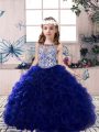 Royal Blue Lace Up Kids Formal Wear Beading and Ruffles Sleeveless Floor Length