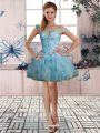 Classical Sleeveless Organza Mini Length Lace Up Homecoming Dress in Light Blue with Beading and Ruffles