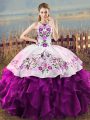 Floor Length White And Purple Ball Gown Prom Dress Organza Sleeveless Embroidery and Ruffles
