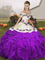 Best Selling White And Purple Lace Up Quince Ball Gowns Embroidery and Ruffles Sleeveless Floor Length