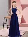 Scoop Sleeveless Bridesmaid Gown Floor Length Beading and Appliques Navy Blue Chiffon