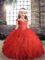 High End Red Ball Gowns Straps Sleeveless Tulle Floor Length Side Zipper Beading and Ruffles Pageant Gowns For Girls