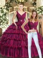 Organza V-neck Sleeveless Backless Beading and Ruffled Layers Quinceanera Dress in Burgundy