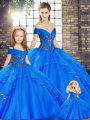 Glamorous Royal Blue Ball Gowns Beading and Ruffles Quince Ball Gowns Lace Up Tulle Sleeveless Floor Length