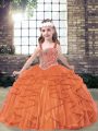 Tulle Straps Sleeveless Lace Up Beading and Ruffles Pageant Gowns For Girls in Orange Red