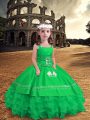 Green Satin and Organza Zipper Straps Sleeveless Floor Length Little Girls Pageant Dress Embroidery and Ruffled Layers