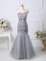 Modest Grey Sleeveless Floor Length Beading and Ruching Zipper Dress for Prom