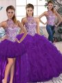 Purple Tulle Lace Up Halter Top Sleeveless Floor Length 15th Birthday Dress Beading and Ruffles