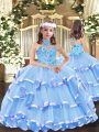 Dramatic Organza High-neck Sleeveless Lace Up Appliques and Ruffled Layers Pageant Dress for Teens in Baby Blue