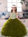Olive Green Ball Gowns Tulle Scoop Sleeveless Beading and Ruffles Floor Length Lace Up Pageant Dress for Teens