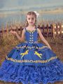 Luxurious Organza Straps Sleeveless Lace Up Beading and Embroidery and Ruffled Layers Pageant Gowns For Girls in Blue