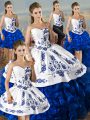 Blue And White Organza Lace Up 15 Quinceanera Dress Sleeveless Floor Length Embroidery and Ruffles
