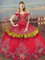 Enchanting Red Ball Gowns Satin and Organza Off The Shoulder Sleeveless Embroidery Floor Length Lace Up Vestidos de Quinceanera