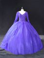 Romantic Purple Ball Gowns Lace and Appliques Quinceanera Dresses Lace Up Tulle Long Sleeves Floor Length