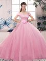 Decent Rose Pink Sweet 16 Quinceanera Dress Military Ball and Sweet 16 and Quinceanera with Lace and Hand Made Flower Off The Shoulder Short Sleeves Lace Up