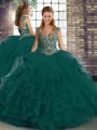 Traditional Peacock Green Tulle Lace Up Sweet 16 Dresses Sleeveless Floor Length Beading and Ruffles
