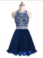 Perfect Navy Blue Lace Up Halter Top Beading Prom Party Dress Chiffon Sleeveless