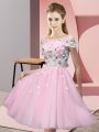 Sexy Baby Pink Empire Tulle Off The Shoulder Short Sleeves Appliques Knee Length Lace Up Quinceanera Court of Honor Dress