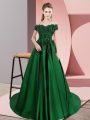 Sleeveless Satin Court Train Zipper Sweet 16 Quinceanera Dress in Dark Green with Lace