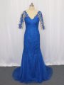 Edgy 3 4 Length Sleeve Lace and Appliques Zipper Mother Of The Bride Dress with Blue Brush Train