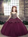 Purple Ball Gowns Tulle Straps Sleeveless Beading and Appliques Floor Length Lace Up Little Girls Pageant Gowns