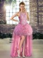 Elegant Beading Prom Gown Rose Pink Lace Up Sleeveless High Low