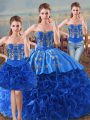 Glittering Royal Blue Sweetheart Neckline Embroidery and Ruffles Quinceanera Gown Sleeveless Lace Up