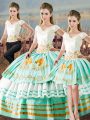 Apple Green Satin Lace Up Quinceanera Gowns Sleeveless Floor Length Embroidery and Ruffled Layers