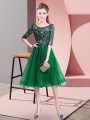 Dark Green Empire Scoop Half Sleeves Tulle Knee Length Lace Up Embroidery Bridesmaid Dress