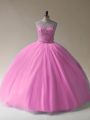 Super Sleeveless Tulle Floor Length Lace Up Ball Gown Prom Dress in Baby Pink with Beading