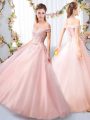 Modern Pink A-line Off The Shoulder Sleeveless Tulle Floor Length Lace Up Appliques and Belt Quinceanera Dama Dress