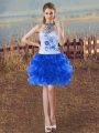 Top Selling Blue And White Sleeveless Beading and Embroidery and Ruffles Mini Length Dress for Prom