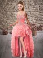 Fantastic Sleeveless Lace Up High Low Beading and Ruffled Layers Evening Dress