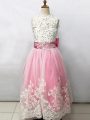 Chic Pink And White Sleeveless Floor Length Beading and Lace and Bowknot Lace Up Flower Girl Dresses for Less