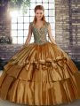 Simple Brown Ball Gowns Straps Sleeveless Taffeta Floor Length Lace Up Beading and Ruffled Layers Quince Ball Gowns