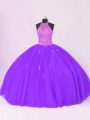 Nice Floor Length Lace Up Sweet 16 Dress Purple for Sweet 16 and Quinceanera with Beading and Appliques