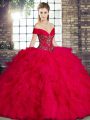 Ball Gowns 15 Quinceanera Dress Red Off The Shoulder Tulle Sleeveless Floor Length Lace Up