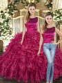 Top Selling Floor Length Lace Up Sweet 16 Quinceanera Dress Fuchsia for Military Ball and Sweet 16 and Quinceanera with Ruffles