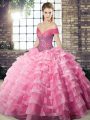 Cute Rose Pink Sleeveless Organza Brush Train Lace Up Quinceanera Dress for Military Ball and Sweet 16 and Quinceanera